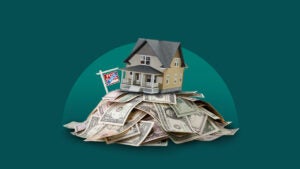 photo illustration of a house on top of a pile of cash