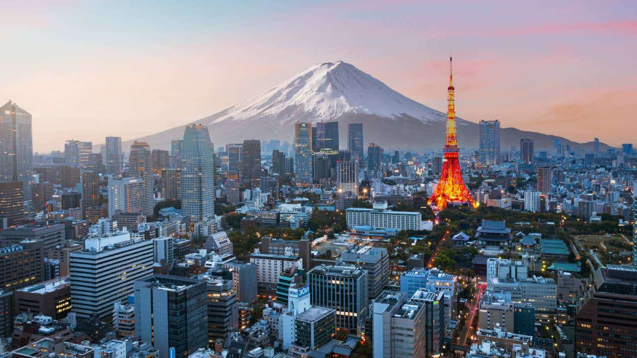 Skyline of Tokyo with Mt. Fuji in the background.