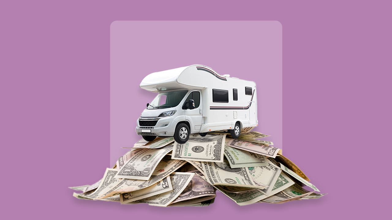 A camper RV sits atop a pile of cash, against a purple background.