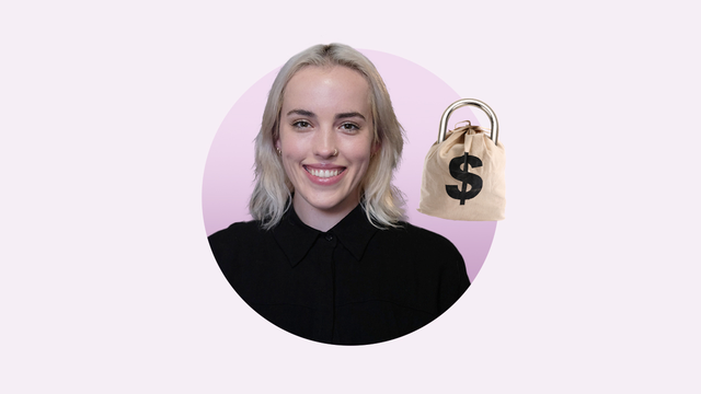 A headshot of Hanna Hovarth, a woman with blonde shoulder length hair wearing a black shirt. Next to her is a money bag with a dollar sign on it.